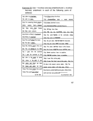 Exercise 32: Use ⇒ to show one-way entailment and  to show
two-way entailment in each of the following pairs of
sentences:
1(a) John is a bachelor.
1(b) John is a man.
2(a) I’m wearing black boots.
2(b)I’m wearing black footwear.
3(a) Mary owns three houses.
3(b) Mary owns a house.
4(a) Alvin is Mary’s husband.
4(b) Mary is married.
5(a) The wolf killed the bear.
5(b) The bear is dead.
6(a) My father owns this car.
6(b) This car belongs to my father.
7(a) I gave Erin the summons.
7(b) I gave the summons to Erin.
8(a) John is the parent of James.
8(b) James is the child of John.
9(a) Jenny and Kevin are twins.
9(b) Kevin and Jenny are twins.
10(a) The bear killed the wolf.
10(b) The wolf was killed
by the bear
11(a) Eliza plays the flute.
11(b) Someone/Eliza plays a musical instrument.
12(a) Alan planted roses.
12(b) Someone/Alan planted flowers.
13(a) All dogs have fleas.
13(b) My dog has fleas./Some dogs have fleas.
14(a) My uncle teaches at the community college.
14(b) My uncle is a teacher.
15(a) My pet cobra likes the taste of chocolate.
15(b) My pet cobra finds chocolate tasty.
16(a) The Jones sold their house to the Cruses.
16(b) The Cruses bought the house from the Jones.
17(a) Some countries have no coastline.
17(b) Not all countries have a coastline.
18(a) I saw Ted at the party.
18(b) It was Ted that I saw at the party. 19(a) It is
50 miles to the nearest service station. 19(b) The
nearest service station is 50 miles away. 20(a)
Bachelors prefer red-haired girls. 20(b) Girls
with red hair are preferred
by unmarried men.
107
 