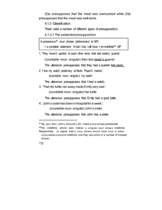 (5)a presupposes that the meat was overcooked while (5)b
presupposes that the meat was well-done.
4.1.3 Classification
There exist a number of different types of presupposition.
4.1.3.1 The existential presupposition
A possessive45 noun phrase (abbreviated to NP)
⇒ a complete statement: X had /has / will have + an indefinite46 NP
1. ‘They haven’t spoken to each other since their last week’s quarrel.’
(countable noun: singular) their last week’s quarrel
The utterance presupposes that they had a quarrel last week.
2. ‘I lost my watch yesterday at Beán Thaønh market.’
(countable noun: singular) my watch
The utterance presupposes that I had a watch.
3. ‘That her turtle ran away made Emily very sad.’
(countable noun: singular) her turtle
The utterance presupposes that Emily had a (pet) turtle.
4. ‘John’s sisterhas beeninhospital for a week.’
(countable noun: singular) John’s sister
The utterance presupposes that John has a sister.
45
My, your, their, John’s, thebook’s, etc. make a noun phrase possessive.
46
The indefinite article a/an makes a singular noun phrase indefinite.
Respectively, to signal that a noun phrase whose head noun is either
uncountable or plural is indefinite, one may use some or a number of instead
of a/an.
112
 