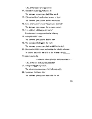 4.1.3.2 The factive presupposition
14. ‘Nobodyrealized that Kelly was ill.’
The utterance presupposes that Kelly was ill.
15. ‘Ed realized/didn’t realize that he was in debt.’
The utterance presupposes that Ed was in debt.
16. ‘I was aware/wasn’t aware that she was married.’
The utterance presupposes that she was married.
17. ‘It is odd/isn’t odd that he left early.’
The utterance presupposesthat he left early.
18. ‘I am glad that it’s over.’
The utterance presupposes that it’s over.
19. ‘We regret(ted) telling him the truth.’
The utterance presupposes that we told him the truth.
20. ‘He regretted/didn’t regret not booking the ticket inadvance.’
The utterance presupposes that he did not book the ticket in advance.
(The speaker assumes that
the hearer already knows what the ticket is.)
4.1.3.3 The non-factive presupposition
21. ‘I imagined that Kelly was ill.’
The utterance presupposesthat Kellywas not ill.
22. ‘I dreamed that I was rich.’
The utterance presupposes that I was not rich.
115
 