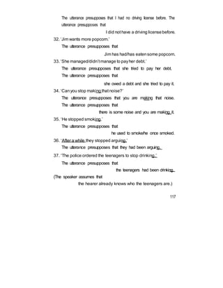 The utterance presupposes that I had no driving license before. The
utterance presupposes that
I did not have a driving licensebefore.
32. ‘Jim wants more popcorn.’
The utterance presupposes that
Jim has had/has eatensome popcorn.
33. ‘She managed/didn’t manage to payher debt.’
The utterance presupposes that she tried to pay her debt.
The utterance presupposes that
she owed a debt and she tried to pay it.
34. ‘Canyou stop making that noise?’
The utterance presupposes that you are making that noise.
The utterance presupposes that
there is some noise and you are making it.
35. ‘He stopped smoking.’
The utterance presupposes that
he used to smoke/he once smoked.
36. ‘After a while they stopped arguing.’
The utterance presupposes that they had been arguing.
37. ‘The police ordered the teenagers to stop drinking.’
The utterance presupposes that
the teenagers had been drinking.
(The speaker assumes that
the hearer already knows who the teenagers are.)
117
 