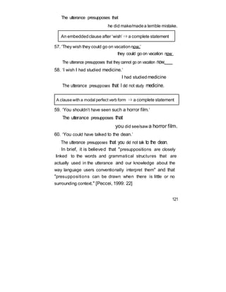 The utterance presupposes that
he did make/madea terrible mistake.
An embeddedclause after ‘wish’ ⇒ a complete statement
57. ‘They wish they could go on vacationnow.’
they could go on vacation now
The utterance presupposes that they cannot go on vacation now.
58. ‘I wish I had studied medicine.’
I had studied medicine
The utterance presupposes that I did not study medicine.
A clause with a modal perfect verb form ⇒ a complete statement
59. ‘You shouldn’t have seen such a horror film.’
The utterance presupposes that
you did see/saw a horror film.
60. ‘You could have talked to the dean.’
The utterance presupposes that you did not talk to the dean.
In brief, it is believed that "presuppositions are closely
linked to the words and grammatical structures that are
actually used in the utterance and our knowledge about the
way language users conventionally interpret them" and that
"presuppositions can be drawn when there is little or no
surrounding context." [Peccei, 1999: 22]
121
 