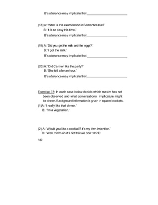B’s utterance may implicate that ________________________
(18) A: ‘What is this examinationinSemanticslike?’
B: ‘It is so easythis time.’
B’s utterance may implicate that ________________________
(19) A: ‘Did you get the milk and the eggs?’
B: ‘I got the milk.’
B’s utterance may implicate that ________________________
(20) A: ‘DidCarmenlike the party?’
B: ‘She left after an hour.’
B’s utterance may implicate that ________________________
Exercise 37: In each case below decide which maxim has not
been observed and what conversational implicature might
be drawn. Background informationis giveninsquare brackets.
(1)A: ‘I really like that dinner.’
B: ‘I’m a vegetarian.’
(2) A: ‘Would you like a cocktail? It’s my own invention.’
B: ‘Well, mmm uh it’s not that we don’t drink.’
140
 