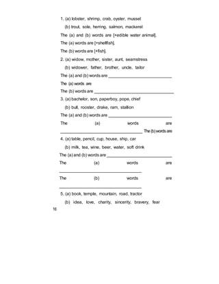 1. (a) lobster, shrimp, crab, oyster, mussel
(b) trout, sole, herring, salmon, mackerel
The (a) and (b) words are [+edible water animal].
The (a) words are [+shellfish].
The (b) words are [+fish].
2. (a) widow, mother, sister, aunt, seamstress
(b) widower, father, brother, uncle, tailor
The (a) and (b) words are ___________________________
The (a) words are
The (b) words are __________________________________
3. (a) bachelor, son, paperboy, pope, chief
(b) bull, rooster, drake, ram, stallion
The (a) and (b) words are ___________________________
The (a) words are
__________________________________ The(b)wordsare
4. (a) table, pencil, cup, house, ship, car
(b) milk, tea, wine, beer, water, soft drink
The (a) and (b) words are ____________________________
The (a) words are
__________________________________
The (b) words are
__________________________________
5. (a) book, temple, mountain, road, tractor
(b) idea, love, charity, sincerity, bravery, fear
16
 