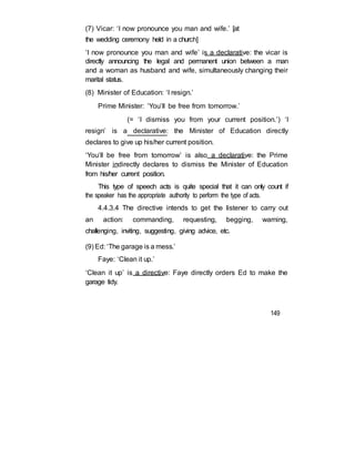 (7) Vicar: ‘I now pronounce you man and wife.’ [at
the wedding ceremony held in a church]
‘I now pronounce you man and wife’ is a declarative: the vicar is
directly announcing the legal and permanent union between a man
and a woman as husband and wife, simultaneously changing their
marital status.
(8) Minister of Education: ‘I resign.’
Prime Minister: ‘You’ll be free from tomorrow.’
(= ‘I dismiss you from your current position.’) ‘I
resign’ is a declarative: the Minister of Education directly
declares to give up his/her current position.
‘You’ll be free from tomorrow’ is also a declarative: the Prime
Minister indirectly declares to dismiss the Minister of Education
from his/her current position.
This type of speech acts is quite special that it can only count if
the speaker has the appropriate authority to perform the type of acts.
4.4.3.4 The directive intends to get the listener to carry out
an action: commanding, requesting, begging, warning,
challenging, inviting, suggesting, giving advice, etc.
(9) Ed: ‘The garage is a mess.’
Faye: ‘Clean it up.’
‘Clean it up’ is a directive: Faye directly orders Ed to make the
garage tidy.
149
 