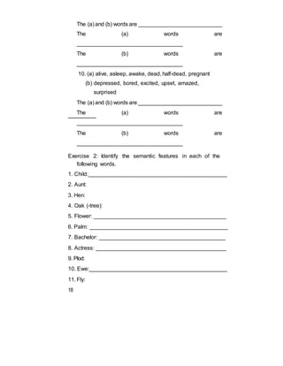 The (a) and (b) words are ____________________________
The (a) words are
__________________________________
The (b) words are
__________________________________
10. (a) alive, asleep, awake, dead, half-dead, pregnant
(b) depressed, bored, excited, upset, amazed,
surprised
The (a) and (b) words are ____________________________
The (a) words are
__________________________________
The (b) words are
__________________________________
Exercise 2: Identify the semantic features in each of the
following words.
1. Child:_____________________________________________
2. Aunt:
3. Hen:
4. Oak (-tree):
5. Flower: ___________________________________________
6. Palm: _____________________________________________
7. Bachelor: _________________________________________
8. Actress: __________________________________________
9. Plod:
10. Ewe:_____________________________________________
11. Fly:
18
 