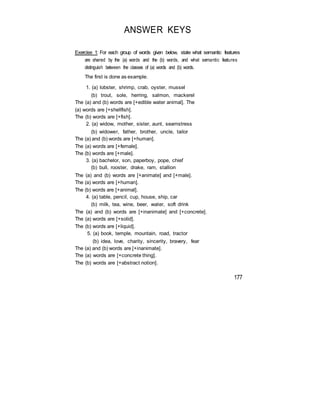 ANSWER KEYS
Exercise 1: For each group of words given below, state what semantic features
are shared by the (a) words and the (b) words, and what semantic features
distinguish between the classes of (a) words and (b) words.
The first is done as example.
1. (a) lobster, shrimp, crab, oyster, mussel
(b) trout, sole, herring, salmon, mackerel
The (a) and (b) words are [+edible water animal]. The
(a) words are [+shellfish].
The (b) words are [+fish].
2. (a) widow, mother, sister, aunt, seamstress
(b) widower, father, brother, uncle, tailor
The (a) and (b) words are [+human].
The (a) words are [+female].
The (b) words are [+male].
3. (a) bachelor, son, paperboy, pope, chief
(b) bull, rooster, drake, ram, stallion
The (a) and (b) words are [+animate] and [+male].
The (a) words are [+human].
The (b) words are [+animal].
4. (a) table, pencil, cup, house, ship, car
(b) milk, tea, wine, beer, water, soft drink
The (a) and (b) words are [+inanimate] and [+concrete].
The (a) words are [+solid].
The (b) words are [+liquid].
5. (a) book, temple, mountain, road, tractor
(b) idea, love, charity, sincerity, bravery, fear
The (a) and (b) words are [+inanimate].
The (a) words are [+concrete thing].
The (b) words are [+abstract notion].
177
 