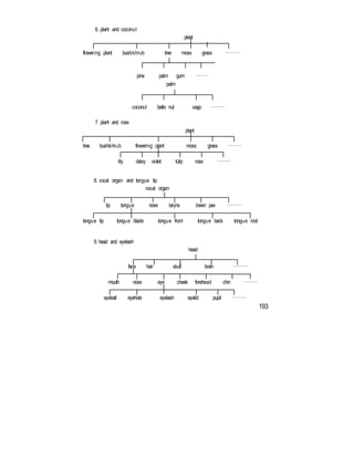 6. plant and coconut
plant
flowering plant bush/shrub tree moss grass ………
pine palm gum ………
palm
coconut betle nut sago ………
7. plant and rose
plant
tree bush/shrub flowering plant moss grass ………
lily daisy violet tulip rose ………
8. vocal organ and tongue tip
vocal organ
lip tongue nose larynx lower jaw ………
tongue tip tongue blade tongue front tongue back tongue root
9. head and eyelash
head
face hair skull brain ………
mouth nose eye cheek forehead chin ………
eyeball eyehole eyelash eyelid pupil ………
193
 