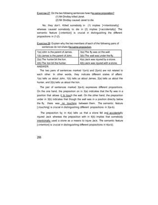 Exercise 27: Do the two following sentences have the same proposition?
(1) Mr Dindlay killed Janet.
(2) Mr Dindlay caused Janet to die.
No, they don’t. Killed somebody in (1) implies [+intentionally]
whereas caused somebody to die in (2) implies [+accidentally]. The
semantic feature [intention] is crucial in distinguishing the different
propositions in (1-2).
Exercise 28: Explain why the two members of each of the following pairs of
sentences do not share the same proposition.
1(a) John is the parent of James. 3(a) The fly was on the wall.
1(b) James is the parent of John. 3(b) The wall was under the fly.
2(a) The hunter bit the lion. 4(a) Jack was injured by a stone.
2(b) The lion bit the hunter. 4(b) Jack was injured with a stone.
ANSWER:
The two pairs of sentences marked 1(a-b) and 2(a-b) are not related to
each other. In other words, they indicate different states of affairs:
1(a) tells us about John, 1(b) tells us about James, 2(a) tells us about the
hunter, and 2(b) tells us about the lion.
The pair of sentences marked 3(a-b) expresses different propositions.
On the one hand, the preposition on in 3(a) indicates that the fly was in a
position that allows it to touch the wall. On the other hand, the preposition
under in 3(b) indicates that though the wall was in a position directly below
the fly, there was no touching between them. The semantic feature
[touching] is crucial in distinguishing different propositions in 3(a-b).
The preposition by in 4(a) tells us that a stone fell and accidentally
injured Jack whereas the preposition with in 4(b) implies that somebody
intentionally used a stone as a means to injure Jack. The semantic feature
[intention] is crucial in distinguishing different propositions in 4(a-b).
206
 