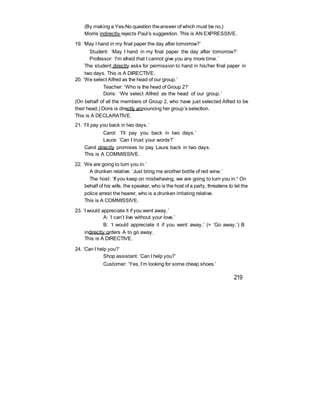 (By making a Yes-No question theanswer of which must be no,)
Morris indirectly rejects Paul’s suggestion. This is AN EXPRESSIVE.
19. ‘May I hand in my final paper the day after tomorrow?’
Student: ‘May I hand in my final paper the day after tomorrow?’
Professor: ‘I’m afraid that I cannot give you any more time.’
The student directly asks for permission to hand in his/her final paper in
two days. This is A DIRECTIVE.
20. ‘We select Alfred as the head of our group.’
Teacher: ‘Who is the head of Group 2?’
Doris: ‘We select Alfred as the head of our group.’
(On behalf of all the members of Group 2, who have just selected Alfred to be
their head,) Doris is directly announcing her group’s selection.
This is A DECLARATIVE.
21. ‘I’ll pay you back in two days.’
Carol: ‘I’ll pay you back in two days.’
Laura: ‘Can I trust your words?’
Carol directly promises to pay Laura back in two days.
This is A COMMISSIVE.
22. ‘We are going to turn you in.’
A drunken relative: ‘Just bring me another bottle of red wine.’
The host: ‘If you keep on misbehaving, we are going to turn you in.’ On
behalf of his wife, the speaker, who is the host of a party, threatens to let the
police arrest the hearer, who is a drunken irritating relative.
This is A COMMISSIVE.
23. ‘I would appreciate it if you went away.’
A: ‘I can’t live without your love.’
B: ‘I would appreciate it if you went away.’ (= ‘Go away.’) B
indirectly orders A to go away.
This is A DIRECTIVE.
24. ‘Can I help you?’
Shop assistant: ‘Can I help you?’
Customer: ‘Yes, I’m looking for some cheap shoes.’
219
 