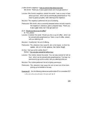 (1) Mrs Smith’s neighbour: ‘I was so sorry to hear about your loss.’
Mrs Smith: ‘Thank you. It was a great shock, but I must get used to it.’
Locution: Mrs Smith’s neighbour uttered the words ‘I was so sorry to hear
about your loss’, which can be semantically paraphrased as ‘You
have my great sympathy’, with I referring tothe neighbour.
Illocution: The neighbour performed the act of condoling.
Perlocution: Mrs Smith, who is a recently bereaved widow and who expects
the neighbour’s utterance, gives a prepared reply: ‘Thank you.
It was a great shock, but I must get used to it.’
(2) A: ‘Would you like a cup of coffee?’
B: ‘Yes, please.’
Locution: A uttered the words ‘Would you like a cup of coffee’, which can
be semantically paraphrased as ‘Have a cup of coffee, please’,
with you referring to B.
Illocution: A performed the act of offering.
Perlocution: The utterance may cause B, who is the hearer, to think the
speaker, who is A, is more generous than he/she thought.
(3) Son: ‘Can I go out for a while, Mum?’
Mother: ‘You can play outside for half an hour.’
Locution: The mother uttered the words ‘You can play outside for half an
hour’, which can be semantically paraphrased as ‘You have my
permission to go out for a while’, withyou referring to the son.
Illocution: The mother performed the act of giving permission.
Perlocution: The utterance may cause the son to race out of the room,
picking up his football on the way.
Exercise 43: Are the following utterances performative (P) or constative (C)?
1. P; 2. C; 3. P; 4. C; 5. P; 6. C; 7. P; 8. C; 9. P; 10. P
225
 