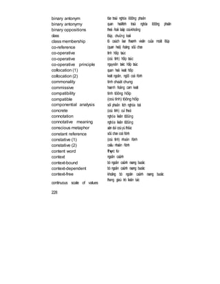 binary antonym
binary antonymy
binary oppositions
class
class membership
co-reference
co-operative
co-operative
co-operative principle
collocation (1)
collocation (2)
commonality
commissive
compatibility
compatible
componential analysis
concrete
connotation
connotative meaning
conscious metaphor
constant reference
constative (1)
constative (2)
content word
context
context-bound
context-dependent
context-free
continuous scale of values
228
töø traùi nghóa löôõng phaân
quan heä/tính traùi nghóa löôõng phaân
theá ñoái laäp coù-khoâng
lôùp, chuûng loaïi
tö caùch laø thaønh vieân cuûa moät lôùp
(quan heä) ñoàng sôû chæ
tính hôïp taùc
(coù tính) hôïp taùc
nguyeân taéc hôïp taùc
quan heä keát hôïp
keát ngoân, ngöõ coá ñònh
tính chaát chung
haønh ñoäng cam keát
tính töông hôïp
(coù tính) töông hôïp
söï phaân tích nghóa toá
(coù tính) cuï theå
nghóa lieân töôûng
nghóa lieân töôûng
aån duï coùyù thöùc
sôû chæ coá ñònh
(coù tính) nhaän ñònh
caâu nhaän ñònh
thực từ
ngoân caûnh
bò ngoân caûnh raøng buoäc
bò ngoân caûnh raøng buoäc
khoâng bò ngoân caûnh raøng buoäc
thang giaù trò lieân tuïc
 