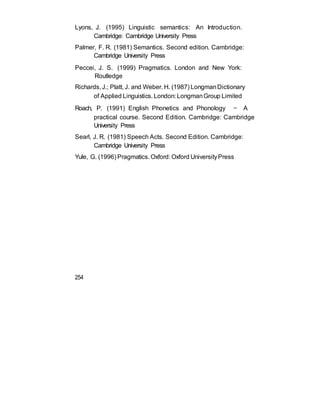 Lyons, J. (1995) Linguistic semantics: An Introduction.
Cambridge: Cambridge University Press
Palmer, F. R. (1981) Semantics. Second edition. Cambridge:
Cambridge University Press
Peccei, J. S. (1999) Pragmatics. London and New York:
Routledge
Richards, J.; Platt, J. and Weber. H. (1987) LongmanDictionary
of Applied Linguistics. London: LongmanGroup Limited
Roach, P. (1991) English Phonetics and Phonology — A
practical course. Second Edition. Cambridge: Cambridge
University Press
Searl, J. R. (1981) Speech Acts. Second Edition. Cambridge:
Cambridge University Press
Yule, G. (1996) Pragmatics. Oxford: Oxford UniversityPress
254
 