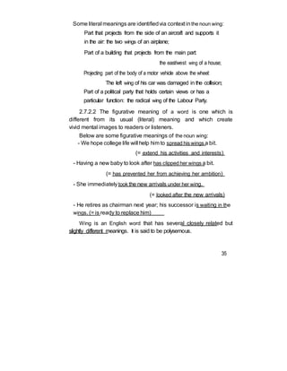 Some literal meanings are identifiedvia context inthe noun wing:
Part that projects from the side of an aircraft and supports it
in the air: the two wings of an airplane;
Part of a building that projects from the main part:
the east/west wing of a house;
Projecting part of the body of a motor vehicle above the wheel:
The left wing of his car was damaged in the collision;
Part of a political party that holds certain views or has a
particular function: the radical wing of the Labour Party.
2.7.2.2 The figurative meaning of a word is one which is
different from its usual (literal) meaning and which create
vivid mental images to readers or listeners.
Below are some figurative meanings of the noun wing:
- We hope college life will help him to spread his wings a bit.
(= extend his activities and interests)
- Having a new baby to look after has clipped her wings a bit.
(= has prevented her from achieving her ambition)
- She immediatelytook the new arrivals under her wing.
(= looked after the new arrivals)
- He retires as chairman next year; his successor is waiting in the
wings. (= is ready to replace him)
Wing is an English word that has several closely related but
slightly different meanings. It is said to be polysemous.
35
 