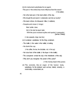(b) An instrument substitutes for an agent.
-The pen(= the writer) has more influence thanthe sword
(= the soldier).
- He is the best pen (= the best writer) of the day.
- Who brought fire and sword (= adestructive war) into our country?
- We need a force of a thousand rifles (= soldiers).
- Sceptre and crown (= kings)
Must tumble down,
And in the dust be equal made
With the poor crooked scythe and spade (= peasants).
[James Shirley]
(= Like peasants, kings must die.)
(c) A container substitutes for the thing contained.
- The kettle (= the water in the kettle) is boiling.
- He drank the cup.
(= the coffee, the tea, the chocolate, etc. in the cup)
- He is too fond of the bottle (= the liquor in the bottle).
- The conquerors smote the city (= the inhabitants of the city).
- Why don’t you recognize the power of the purse?
(= the money kept in the purse)
(d) The concrete, like an organ of the human body,
substitutes for the abstract such as love, hatred, sincerity, a
mental ability, anatural talent, etc.
40
 