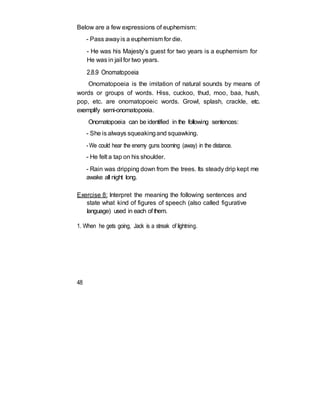 Below are a few expressions of euphemism:
- Pass awayis a euphemism for die.
- He was his Majesty’s guest for two years is a euphemism for
He was in jail for two years.
2.8.9 Onomatopoeia
Onomatopoeia is the imitation of natural sounds by means of
words or groups of words. Hiss, cuckoo, thud, moo, baa, hush,
pop, etc. are onomatopoeic words. Growl, splash, crackle, etc.
exemplify semi-onomatopoeia.
Onomatopoeia can be identified in the following sentences:
- She is always squeakingand squawking.
- We could hear the enemy guns booming (away) in the distance.
- He felt a tap on his shoulder.
- Rain was dripping down from the trees. Its steady drip kept me
awake all night long.
Exercise 8: Interpret the meaning the following sentences and
state what kind of figures of speech (also called figurative
language) used in each of them.
1. When he gets going, Jack is a streak of lightning.
48
 