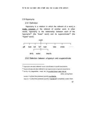 50. No man is an island: entire of itself; every man is a piece of the continent.
2.9 Hyponymy
2.9.1 Definition
Hyponymy is a relation in which the referent of a word is
totally included in the referent of another word. In other
words, hyponymy is the relationship between each of the
hyponyms22 (the "lower" word) and its superordinate23 (the
"higher" word):
cook
grill toast boil fry24 roast bake smoke ………
stir-fry sauteù deep-fry
2.9.2 Distinction between a hyponym and a superordinate
22
Hyponyms are also referred to as subordinates or specific lexicalitems.
23
Superordinates are also referred to as hyper(o)nyms or generic lexical items.
24
stir-fry = fry (vegetables, meat, etc.) for a short time in very hot oil
while stirring them
sauteù = fry(food like potatoes) quickly in a little fat
deep-fry = fry(food like potatoes) quickly in hot fat that completely covers them
57
 