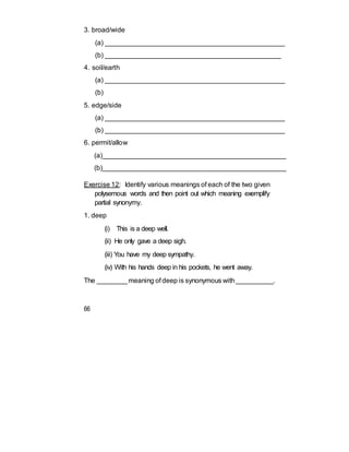3. broad/wide
(a) ________________________________________________
(b) _______________________________________________
4. soil/earth
(a) ________________________________________________
(b)
5. edge/side
(a) ________________________________________________
(b) ________________________________________________
6. permit/allow
(a)_________________________________________________
(b)_________________________________________________
Exercise 12: Identify various meanings of each of the two given
polysemous words and then point out which meaning exemplify
partial synonymy.
1. deep
(i) This is a deep well.
(ii) He only gave a deep sigh.
(iii) You have my deep sympathy.
(iv) With his hands deep in his pockets, he went away.
The ________meaning of deep is synonymous with__________.
66
 
