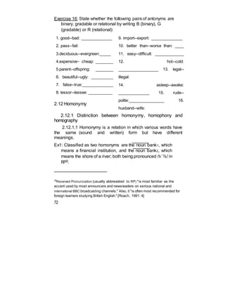 Exercise 16: State whether the following pairs of antonyms are
binary, gradable or relational by writing B (binary), G
(gradable) or R (relational):
1. good--bad: ______________
2. pass--fail:
3.deciduous--evergreen:_____
4.expensive— cheap: ________
5.parent--offspring: ________
6. beautiful--ugly: __________
7. false--true:______________
8. lessor--lessee: ___________
2.12 Homonymy
9. import--export: ______________
10. better than--worse than: ____
11. easy--difficult: _____________
12. hot--cold:
__________________ 13. legal--
illegal:
14. asleep--awake:
______________ 15. rude--
polite:________________ 16.
husband--wife:
2.12.1 Distinction between homonymy, homophony and
homography
2.12.1.1 Homonymy is a relation in which various words have
the same (sound and written) form but have different
meanings.
Ex1: Classified as two homonyms are the noun bank1, which
means a financial institution, and the noun bank2, which
means the shore of a river; both being pronounced /b`7k/ in
RP32.
32
Received Pronunciation (usually abbreviated to RP) "is most familiar as the
accent used by most announcers and newsreaders on serious national and
international BBC broadcasting channels." Also, it "is often most recommended for
foreign learners studying British English." [Roach, 1991: 4]
72
 
