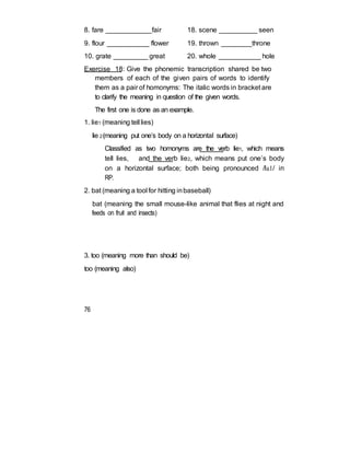 8. fare ____________fair 18. scene __________ seen
9. flour ___________ flower 19. thrown ________throne
10. grate _________ great 20. whole ___________ hole
Exercise 18: Give the phonemic transcription shared be two
members of each of the given pairs of words to identify
them as a pair of homonyms: The italic words in bracket are
to clarify the meaning in question of the given words.
The first one is done as an example.
1. lie1 (meaning tell lies)
lie 2(meaning put one’s body on a horizontal surface)
Classified as two homonyms are the verb lie1, which means
tell lies, and the verb lie2, which means put one’s body
on a horizontal surface; both being pronounced /la1/ in
RP.
2. bat (meaning a tool for hitting inbaseball)
bat (meaning the small mouse-like animal that flies at night and
feeds on fruit and insects)
3. too (meaning more than should be)
too (meaning also)
76
 