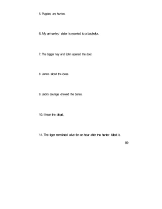 5. Puppies are human.
6. My unmarried sister is married to a bachelor.
7. The bigger key and John opened the door.
8. James sliced the ideas.
9. Jack’s courage chewed the bones.
10. I hear the cloud.
11. The tiger remained alive for an hour after the hunter killed it.
89
 