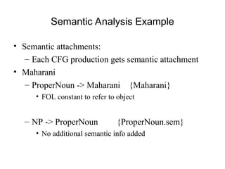 Semantic Analysis Example
• Semantic attachments:
– Each CFG production gets semantic attachment
• Maharani
– ProperNoun -> Maharani {Maharani}
• FOL constant to refer to object
– NP -> ProperNoun {ProperNoun.sem}
• No additional semantic info added
 