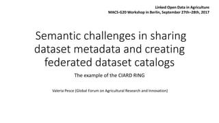 Semantic challenges in sharing
dataset metadata and creating
federated dataset catalogs
The example of the CIARD RING
Valeria Pesce (Global Forum on Agricultural Research and Innovation)
Linked Open Data in Agriculture
MACS-G20 Workshop in Berlin, September 27th–28th, 2017
 