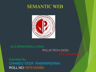 SEMANTIC WEB
Submitted By:
CHANDU VEER RAMAKRISHNA
ROLL NO:16F91A05B0
Dr.S.SRINIVASULLU RAO
Phd.,M.TECH (HOD)
CSE Department
 