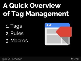 A Quick Overview
of Tag Management
1. Tags
2. Rules
3. Macros
@mike_arnesen #SMX
 