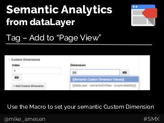 Semantic Analytics
from dataLayer
Tag – Add to “Page View”
Use the Macro to set your semantic Custom Dimension
@mike_arnesen #SMX
 