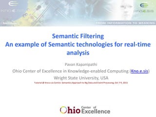 Semantic Filtering
An example of Semantic technologies for real-time
analysis
Pavan Kapanipathi
Ohio Center of Excellence in Knowledge-enabled Computing (Kno.e.sis)
Wright State University, USA
Tutorial @ Kno.e.sis Centre: Semantics Approach to Big Data and Event Processing, Oct 7-9, 2015
 