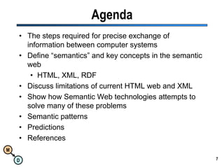 7AgendaThe steps required for precise exchange of information between computer systemsDefine “semantics” and key concepts in the semantic webHTML, XML, RDFDiscuss limitations of current HTML web and XMLShow how Semantic Web technologies attempts to solve many of these problemsSemantic patternsPredictionsReferences