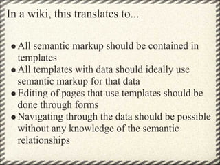 In a wiki, this translates to...

  All semantic markup should be contained in
  templates
  All templates with data shoul...