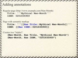 Adding annotations
Regular page (http://www.example.com/Man-Month)
   Title: '''Mythical Man-Month'''
   ISBN: 0201835959
...