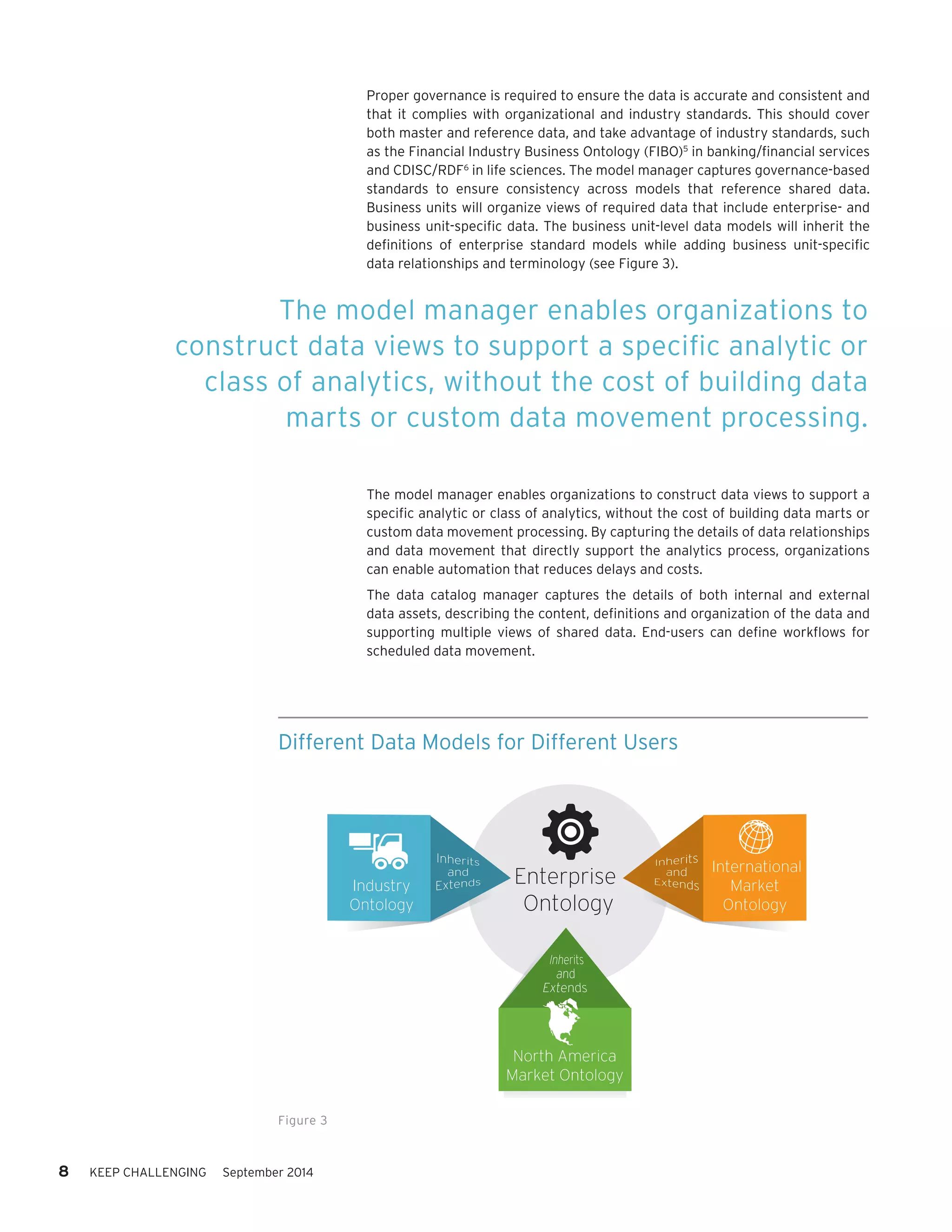 8 KEEP CHALLENGING September 2014 
Proper governance is required to ensure the data is accurate and consistent and 
that it complies with organizational and industry standards. This should cover 
both master and reference data, and take advantage of industry standards, such 
as the Financial Industry Business Ontology (FIBO)5 in banking/financial services 
and CDISC/RDF6 in life sciences. The model manager captures governance-based 
standards to ensure consistency across models that reference shared data. 
Business units will organize views of required data that include enterprise- and 
business unit-specific data. The business unit-level data models will inherit the 
definitions of enterprise standard models while adding business unit-specific 
data relationships and terminology (see Figure 3). 
The model manager enables organizations to construct data views to support a 
specific analytic or class of analytics, without the cost of building data marts or 
custom data movement processing. By capturing the details of data relationships 
and data movement that directly support the analytics process, organizations 
can enable automation that reduces delays and costs. 
The data catalog manager captures the details of both internal and external 
data assets, describing the content, definitions and organization of the data and 
supporting multiple views of shared data. End-users can define workflows for 
scheduled data movement. 
Different Data Models for Different Users 
Figure 3 
Industry 
Ontology 
North America 
Market Ontology 
Enterprise 
Ontology 
International 
Market 
Ontology 
The model manager enables organizations to 
construct data views to support a specific analytic or 
class of analytics, without the cost of building data 
marts or custom data movement processing. 
 