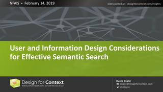 Duane Degler
duane@designforcontext.com
@ddegler
NFAIS • February 14, 2019 slides posted at: designforcontext.com/insights
User and Information Design Considerations
for Effective Semantic Search
 