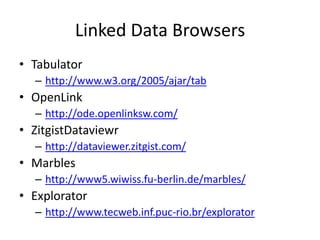 Linked Data BrowsersTabulatorhttp://www.w3.org/2005/ajar/tabOpenLinkhttp://ode.openlinksw.com/ZitgistDataviewrhttp://dataviewer.zitgist.com/Marbleshttp://www5.wiwiss.fu-berlin.de/marbles/Exploratorhttp://www.tecweb.inf.puc-rio.br/explorator