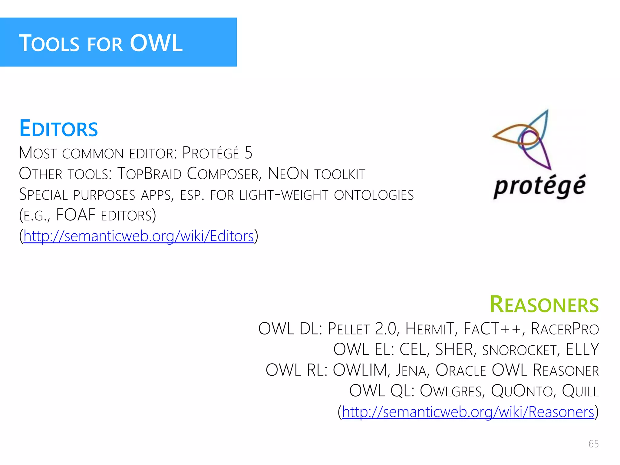 TOOLS FOR OWL
EDITORS
MOST COMMON EDITOR: PROTÉGÉ 5
OTHER TOOLS: TOPBRAID COMPOSER, NEON TOOLKIT
SPECIAL PURPOSES APPS, ESP. FOR LIGHT-WEIGHT ONTOLOGIES
(E.G., FOAF EDITORS)
(http://semanticweb.org/wiki/Editors)
65
REASONERS
OWL DL: PELLET 2.0, HERMIT, FACT++, RACERPRO
OWL EL: CEL, SHER, SNOROCKET, ELLY
OWL RL: OWLIM, JENA, ORACLE OWL REASONER
OWL QL: OWLGRES, QUONTO, QUILL
(http://semanticweb.org/wiki/Reasoners)
 