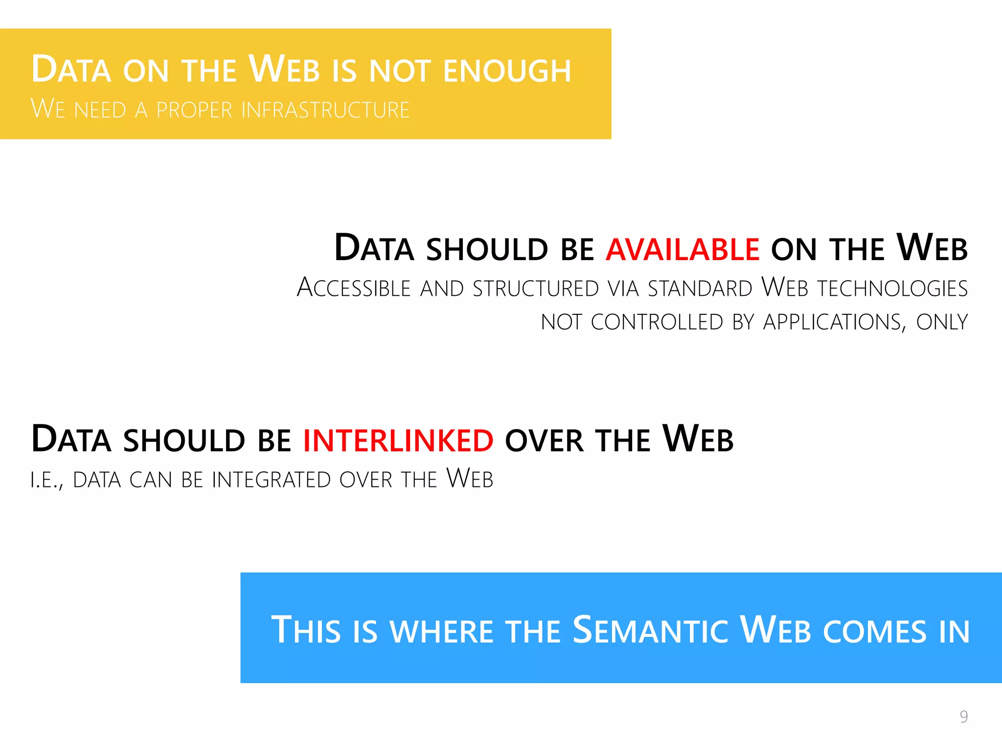 DATA SHOULD BE AVAILABLE ON THE WEB
ACCESSIBLE AND STRUCTURED VIA STANDARD WEB TECHNOLOGIES
NOT CONTROLLED BY APPLICATIONS, ONLY
DATA SHOULD BE INTERLINKED OVER THE WEB
I.E., DATA CAN BE INTEGRATED OVER THE WEB
THIS IS WHERE THE SEMANTIC WEB COMES IN
DATA ON THE WEB IS NOT ENOUGH
WE NEED A PROPER INFRASTRUCTURE
9
 