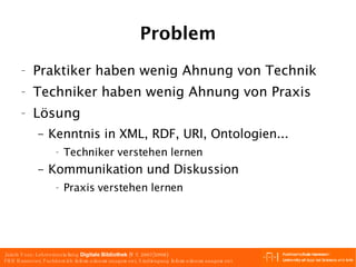 Problem Praktiker haben wenig Ahnung von Technik Techniker haben wenig Ahnung von Praxis Lösung Kenntnis in XML, RDF, URI, Ontologien... Techniker verstehen lernen Kommunikation und Diskussion Praxis verstehen lernen 