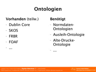 Ontologien Vorhanden  (teilw.) Dublin Core SKOS FRBR FOAF ... Benötigt Normdaten-Ontologien Ausleih-Ontologie Alte-Drucke-Ontologie ... 