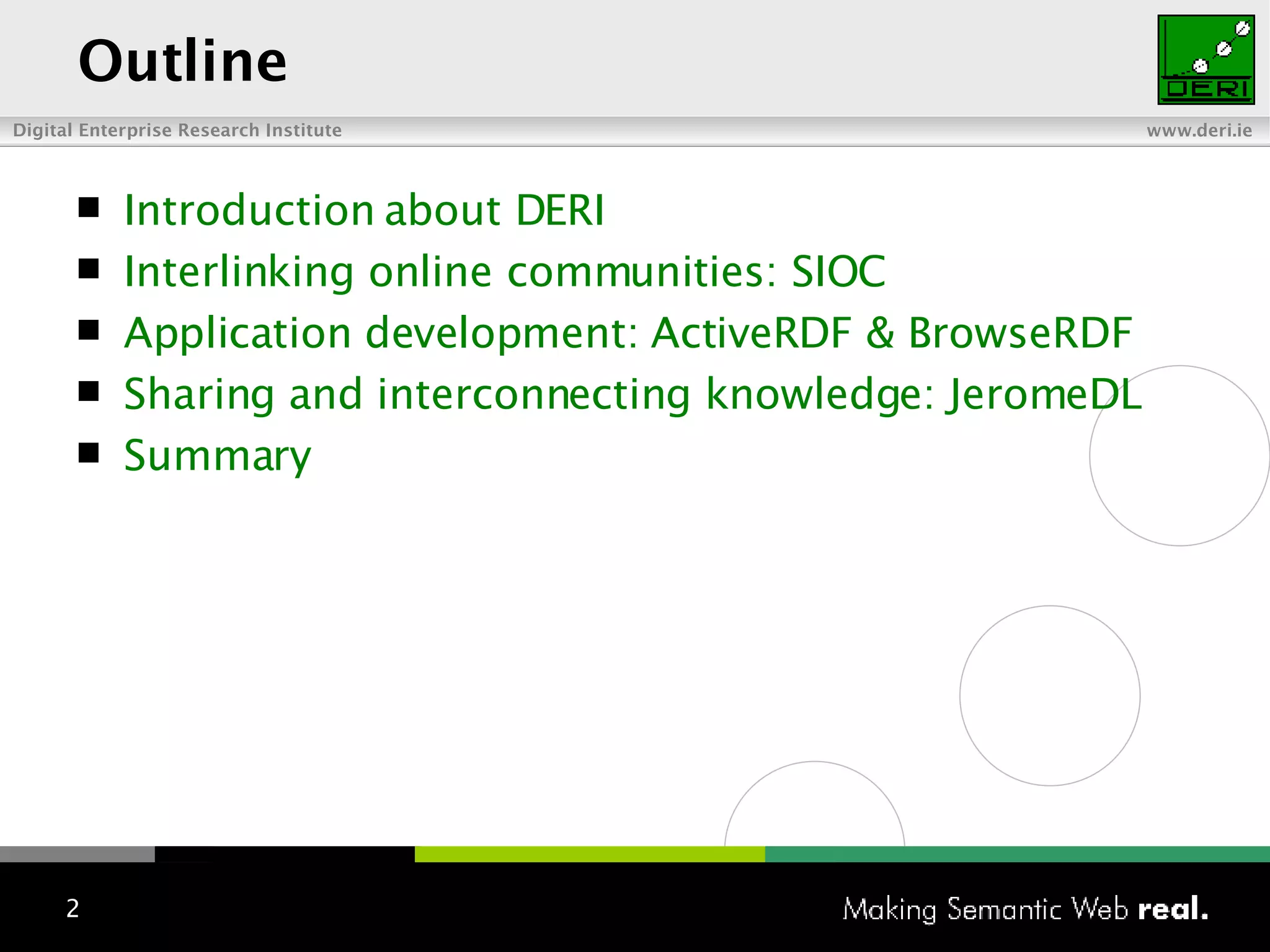 Outline Introduction about DERI Interlinking online communities: SIOC Application development: ActiveRDF & BrowseRDF Sharing and interconnecting knowledge: JeromeDL Summary 