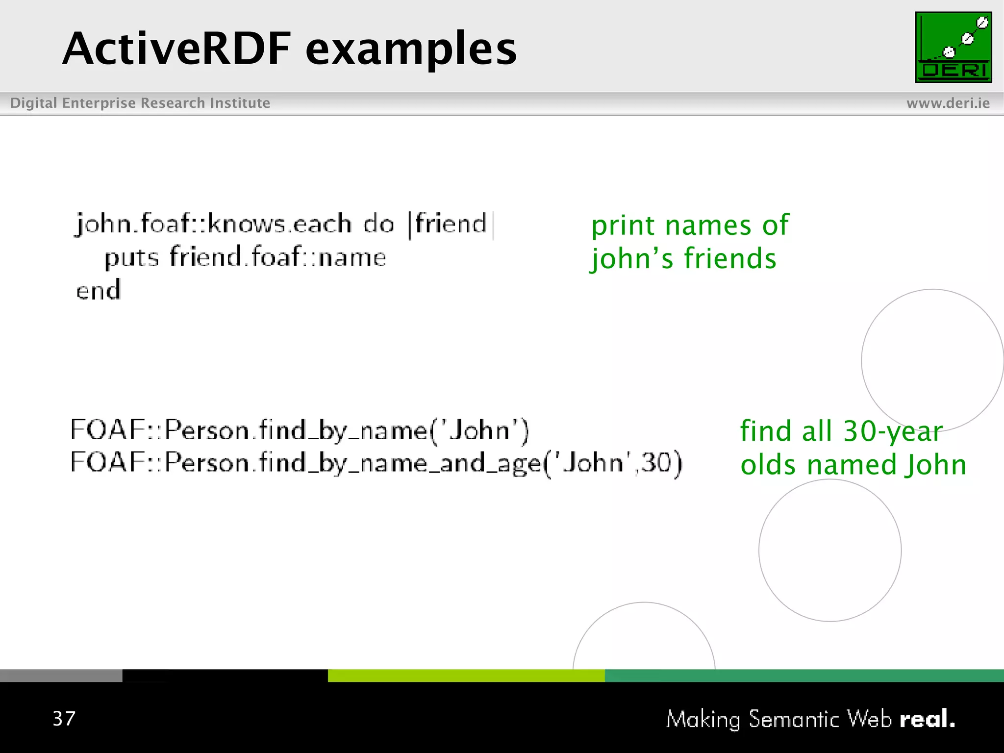 ActiveRDF examples print names of john’s friends find all 30-year olds named John 