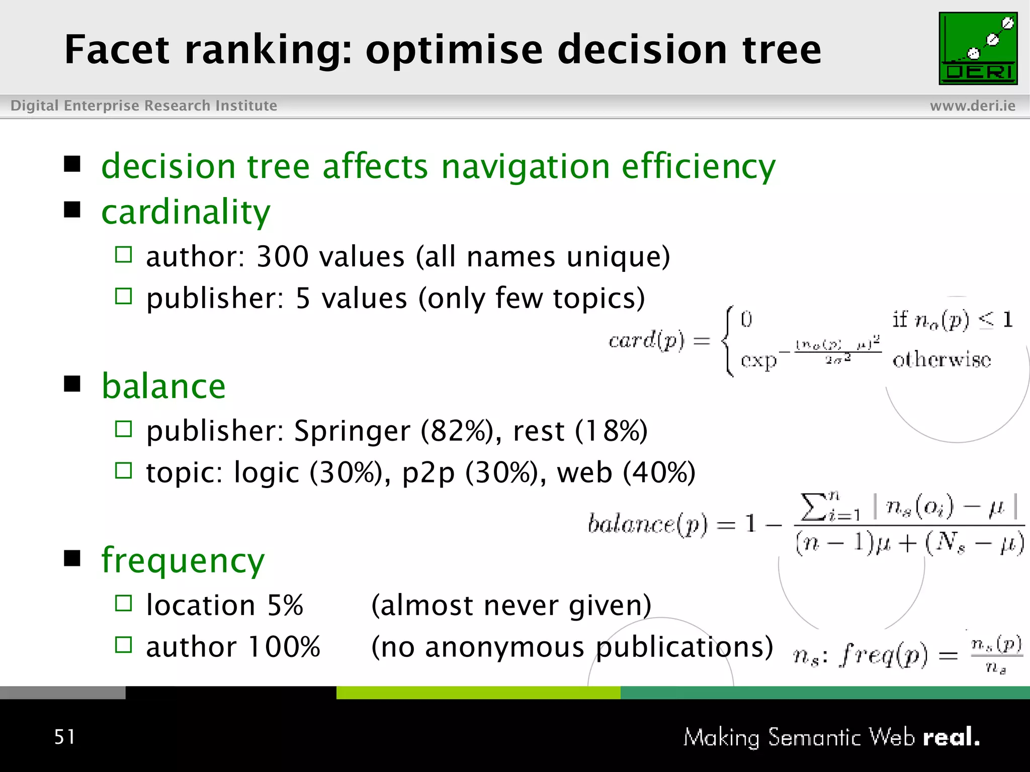 Facet ranking: optimise decision tree decision tree affects navigation efficiency cardinality author: 300 values (all names unique) publisher: 5 values (only few topics) balance publisher: Springer (82%), rest (18%) topic: logic (30%), p2p (30%), web (40%) frequency location 5% (almost never given) author 100%  (no anonymous publications) 
