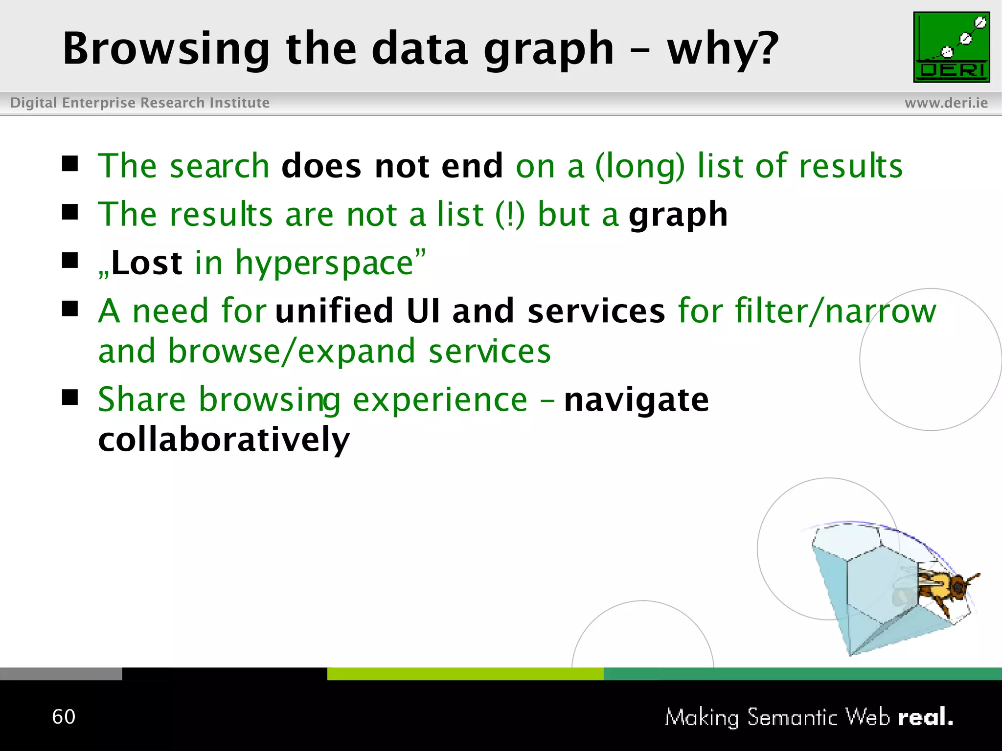 Browsing the data graph  – why? The search  does not end  on a (long) list of results The results are not a list (!) but a  graph „ Lost  in hyperspace” A need for  unified UI and services  for filter/narrow and browse/expand services Share browsing experience –  navigate collaboratively  