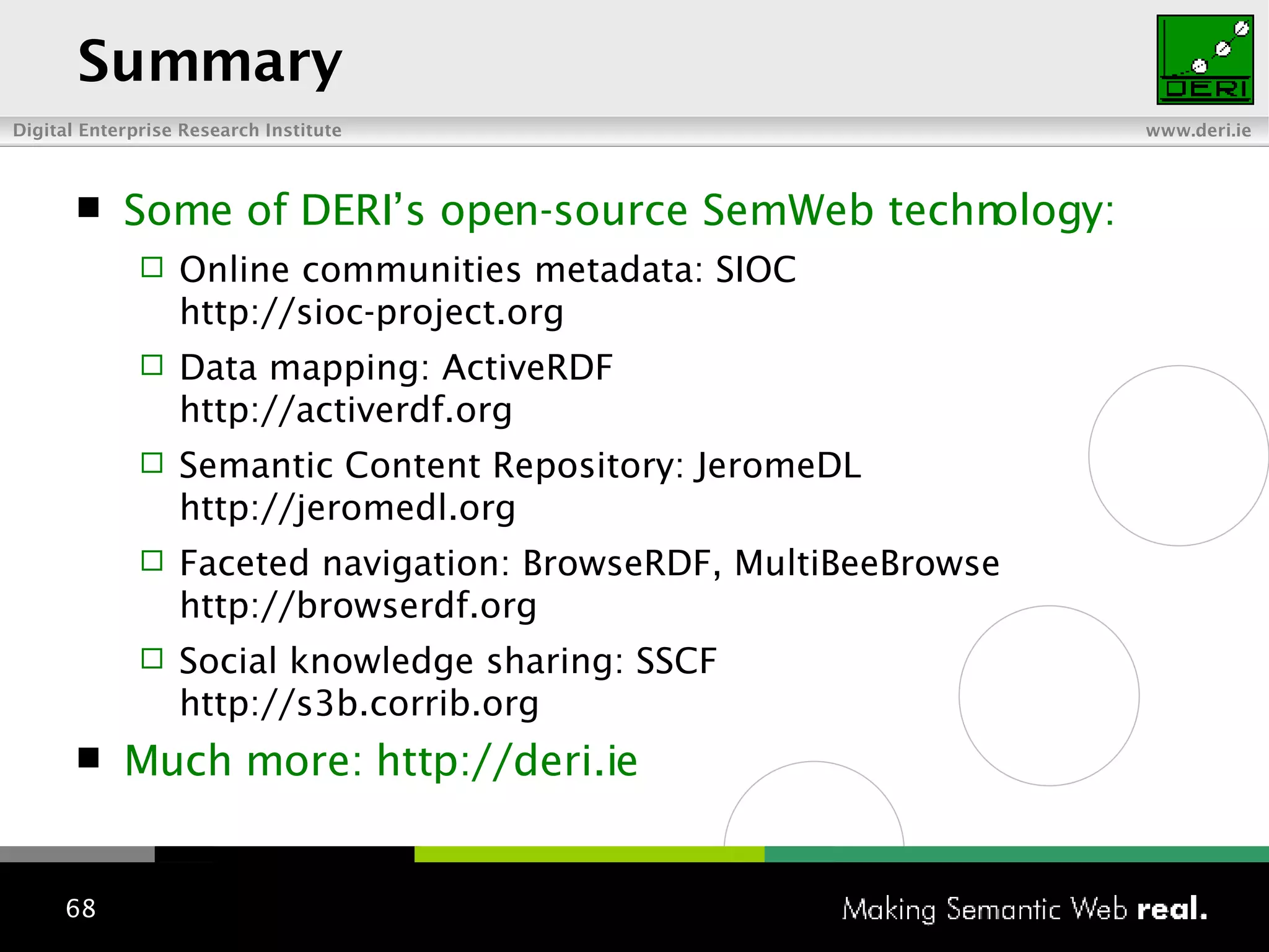 Summary Some of DERI’s open-source SemWeb technology: Online communities metadata: SIOC http://sioc-project.org Data mapping: ActiveRDF http://activerdf.org Semantic Content Repository: JeromeDL http://jeromedl.org Faceted navigation: BrowseRDF, MultiBeeBrowse http://browserdf.org Social knowledge sharing: SSCF http://s3b.corrib.org Much more: http://deri.ie 