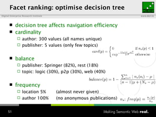 Facet ranking: optimise decision tree decision tree affects navigation efficiency cardinality author: 300 values (all names unique) publisher: 5 values (only few topics) balance publisher: Springer (82%), rest (18%) topic: logic (30%), p2p (30%), web (40%) frequency location 5% (almost never given) author 100%  (no anonymous publications) 