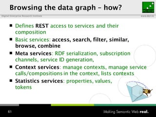 Browsing the data graph  – how? Defines  REST  access to services and their composition Basic services:  access, search, filter, similar, browse, combine Meta services : RDF serialization, subscription channels, service ID generation ,  Context services : manage contexts, manage service calls/compositions in the context, lists contexts Statistics services : properties, values,  tokens 