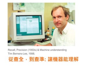 Recall, Precision (1950s) & Machine understanding
Tim Berners-Lee, 1998.

從查全，到查準: 讓機器能理解
 