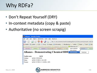 Why RDFa?
   Don’t Repeat Yourself (DRY)
   In-context metadata (copy & paste)
   Authoritative (no screen scrapig)




Ma...
