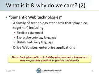 What is it & why do we care? (2)
   “Semantic Web technologies”
         A family of technology standards that ‘play nice
...